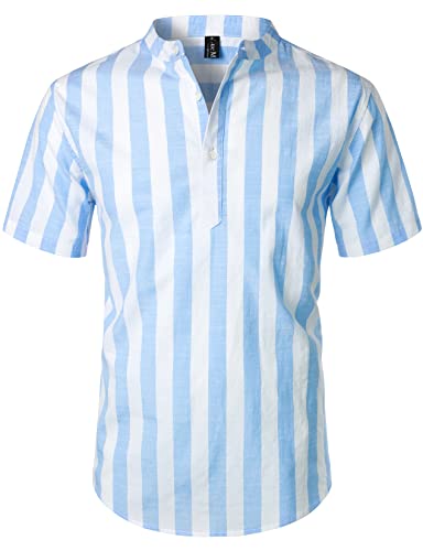 LucMatton Camisa Henley de manga corta de lino y algodón para hombre, estilo casual, para verano, ligera, con rayas verticales, color blanco y azul, talla XXL, Blanco Azul-a, XX-Large