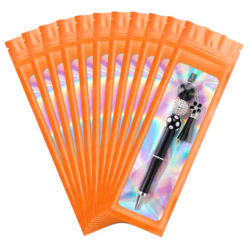 ANZNKU 100 Pcs Holographic Mylar Pen Bags 2.7x9, Orange Pen Sleeve Sealable