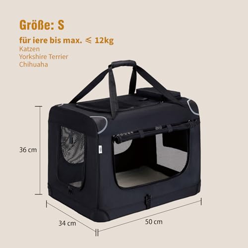 Zedelmaier Hundebox Faltbar Hundetransportbox, S 50x36x34cm, robust Transportbox für Hund & Katze Groß Hundetasche Auto Haustiertransportbox für Unterwegs & Zuhause Schwarz