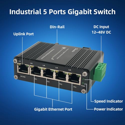 Image of Mini Industrial 5 Port Gigabit Switch Ethernet Switch,Unmanaged Network Switch Ethernet Hub with 5 x RJ45 Port 10 /100 /1000Mbps,12~48VDC,Din-Rail, Wall Mountable
