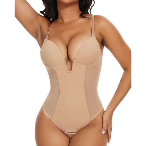 SHAPERIN Women's Backless Body Shaper Bra Faja U Plunge Low Back Thong Shapewear Tummy Control Deep V Bodysuit (Large,Nude) Cover