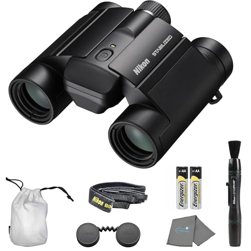 Nikon STABILIZED Binoculars 12x25 S, Image Stabilized Binoculars for Sports, Outdoors, & Wildlife, Compact Binoculars, Bundle with a Nikon Lens Pen & Cleaning Cloth