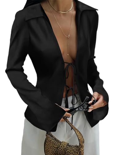 Cicy Bell Womens Sexy Tie Front Satin Shirts Deep V Neck Silk Club Tops Long Sleeve Y2k Going Out Blouse
