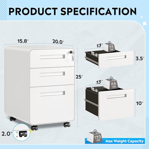 Image of DEVAISE 3 Drawer File Cabinet with Lock, Fully Assembled Filing Cabinet