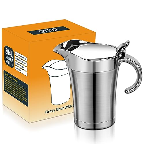 Yelocota Gravy Boat â€“ 26oz Stainless Steel Gravy Boat with Hinged Lid â€“ Double Wall Insulated Gravy Boat for Milk and Cream â€“ Multipurpose Milk Jug Dispenser for Sauce, Syrup, Creamer