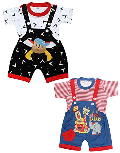 Image of babeezworld dungaree for Boys & Girls casual printed pure cotton-Pack of 2 (9101990001172; Multi Colour)