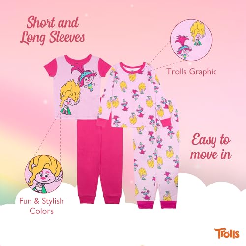 Trolls Girls' 4-Piece Snug-fit Cotton Pajama Set, Soft & Cute for Kids3