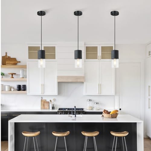 Image of 2-Pack Black Pendant Light Fixtures, Adjustable Modern Pendant Lights for Kitchen Island, Industrial Clear Glass Pendant Lights for Dining Table Hallway Bedroom Living Room