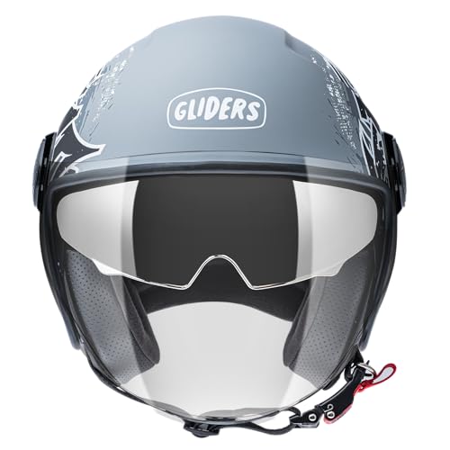 Image of Gliders Jet Trio D3 ISI Certified Open Face Graphic Helmet with Peak and Clear Visor (Matt Nardo Grey with Black, L)