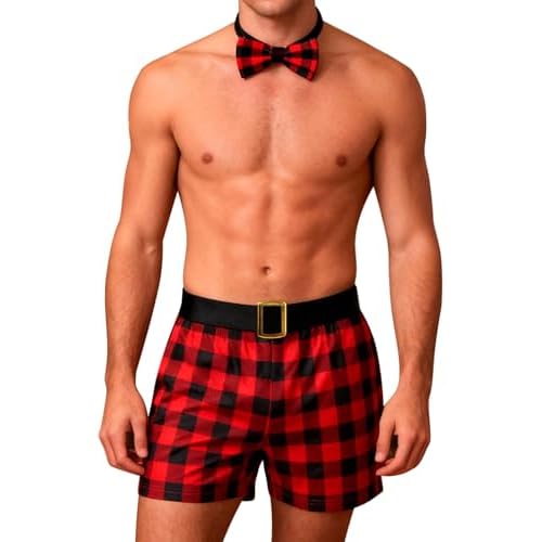 RSLOVE Santa Boxers for Men - 2PCS Christmas Shorts Plaid Outfits Holiday Briefs with Bow Tie Small Red