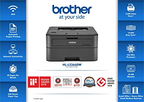 Brother HL-L2366DW Auto Duplex Laser Printer, 30 PPM Print Speed, LCD Display, 32 MB Memory, (WiFi WiFi Direct LAN USB), 250 Sheet Paper Tray, 2600 Pages Inbox Toner, Free Installation (Fast Printer) - Image 3