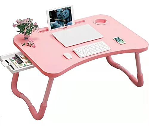Foldable Bed Table for Laptop, Laptop Desk Table Stand, Laptop Bed Tray Table with Storage Drawer, Notebook Stand Lap Desk for Writing Reading Eating, Portable Laptop Table for Bed Sofa Floor-Pink