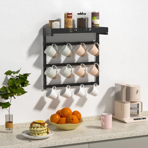 RCHYFEED Coffee Mug Holder Rack Wall Mounted, Adjustable 12 Hooks Reduce Mugs Collisions, Cup for Home Kitchen Display and Collection, Upper Basket Storage Shelf Pods Sugar Bags - Image 7