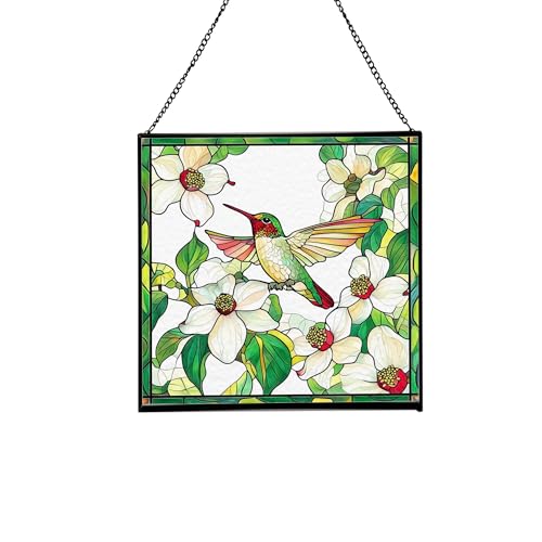 Dogwood and Hummingbirds Stained Glass Panels Window Hangings Tiffany Glass Traditional Art Crafts for Home Decor Gifts 73OR6