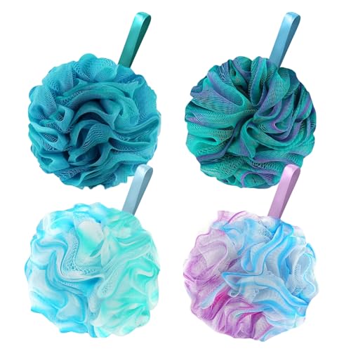 Flintronic 4 Pièces Éponge de Bain, 75g Fleur de Douche Recyclées, Maille Moussante Fleur de Douche Lavable, Fleur de Bain Loofah Unisex, pour Exfolier La Peau...
