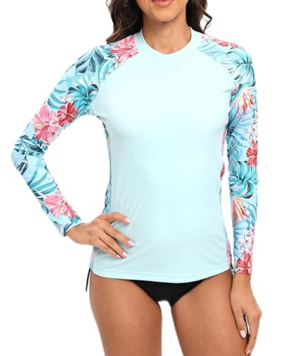 SURFEASY Womens Rash Vest Long Sleeve Ladies Sun Protection Swim Shirt Rash Guard Tops Swimsuit (Light Blue Floral M)