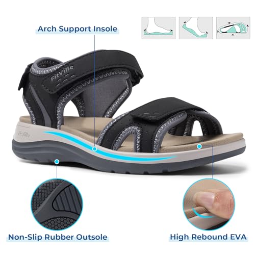 Image of FitVille Women's Orthopedic Wide Sandals Strappy Arch Support Flat Sandals for Plantar Fasciitis & Swollen Feet | Adjustable Ankle Strap