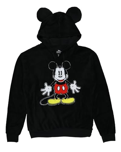 Disney Mickey Mouse Men's Embroidered Design 3D Ears Plush Fleece Adult Pullover Sweatshirt (X-Large) Black