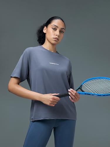 Image of TECHNOSPORT Women's Printed Boxy Fit Round Neck T-Shirt COTFLEX Half Sleeve Slip On Polyester for Gym Yoga Workout UPF50+ Anti Odour