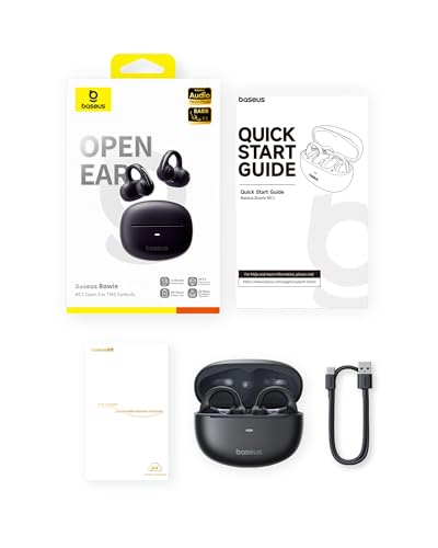 Baseus Bowie MC1 Open Ear Kopfhörer, Ohrclip mit Beeindruckender Klang, Adaptiver Bassverstärkung, Bluetooth 5,4, Geräuschunterdrückung bei Anrufen, IP57, 40H Akk, 5,2g Buds - Interstellar Schwarz