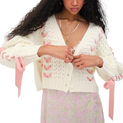 トップス Ribbon Button Long Shaggy Knit Cardigan 41CJpXezc6L.jpg