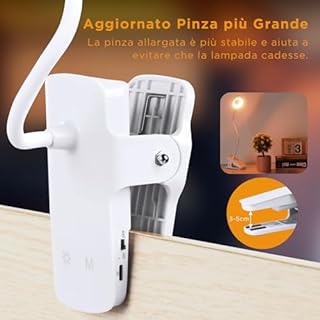 Akynite 3W Luce da Letto USB Ricaricabile con Pinza, Carica di Tipo C, 5 Colore e 5 Intensità, 28 LED Clip Lampada da Lettura senza Fili, Lampada Letto Libro per Bambini, Luce Pinza Portatile, Bianco