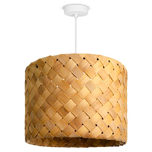 Paco Home LED Pendellampe Pendelleuchte Hängelleuchte Hängelampe für Wohnzimmer Schlafzimmer Esszimmer Schirm Papier E27, Farbe:Holz (Ø35cm), Leuchtenart/Farbe:Pendelleuchte - Weiß