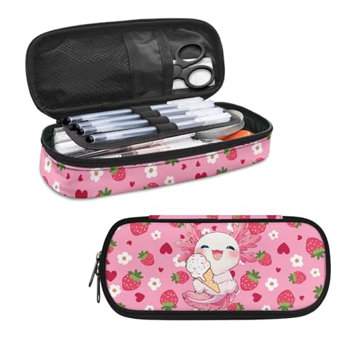 Image of Cute Strawberry Axolotl Pencil Case for Girls Pen Pouch Kids Pencil Pouch Pen Holder Box Stationery Organzier Teacher Student Preppy School Supplies Gifts