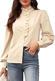 LOOKBOHO Blouses for Women Dressy Casual - Ruffle Lace Neck Button Down Tops Spring Dressy Elegant Solid Retro Shirts for Casual, Office, Work, Everyday Wear Beige Large
