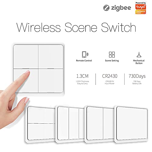 Moes Tuya Zigbee Wireless Scene Switch Push Button, Tuya Zigbee Hub Required,Not Work With Alexa, Battery Powered（Not Included）, Smart Home Automation Scenario Switch For Tuya Devices, White 1 Gang #TOP1