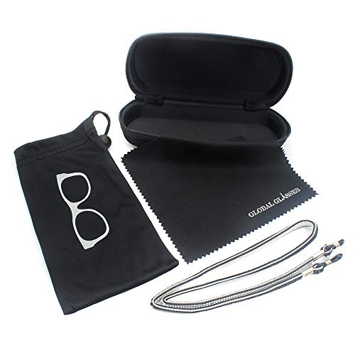 Global Glasses Eyeglasses Case Set, Includes Case, Pouch, Chain and Cleaning Cloth (Negro)