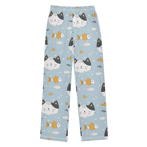 Cute Cat with Fish Pajamas Bottoms with Pockets Comfy Pjs Sleepwear Elastic Waistband Pajamas Pants Lounge Pants