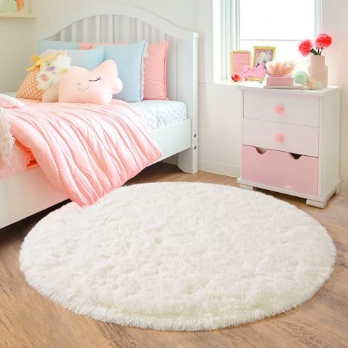 3'x3' Cream Round Rugs for Girls Bedroom, Ultra Soft Fluffy Circle Rug for Kids Room, Cute Small Shag Rugs for Living Room Playroom Tent Castle Home Decor Rug