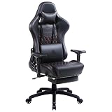 Dowinx Chaise Gaming Ergonomique Style de Course avec Support et Coussin de Massage Lombaire Fauteuil de Bureau pour Ordinateur en Cuir Polyuréthane avec Repose-Pieds Rétractable Noir