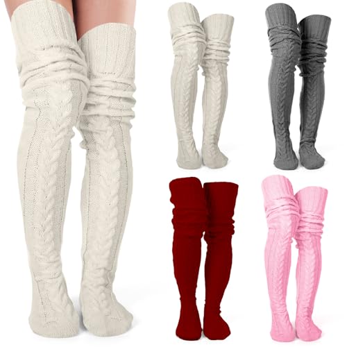 Toulite 4 Pairs Women's Thigh High Socks Cable Knitted Over the Knee Socks Long Leg Warm Winter Boot Stocking for Women