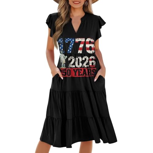 Image of Womens Summer Dress Ruffle Sleeve V Neck Dress Casual Fit Flowy Beach Vacation Sundress with Pocket S-2XL