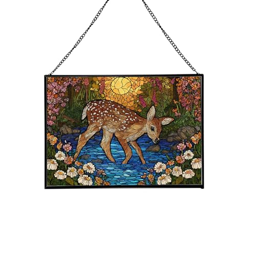 Fawn Stepping – Meadow Stream Animal Stained Glass Suncatcher – Rectangular Hanging Window Panel with Artistic Nature Background – Wildlife Glass Art Gift for Animal and Nature Lovers uFfOYC