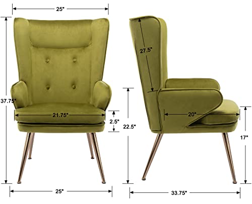 Zhenghao Mid Century Accent Chair, Upholstered Tufted High Back Lounge Chair With Arms Modern Accent Side Chair Velvet Armchair With Gold Legs For Living Room/Bedroom/Vanity, Green #TOP1