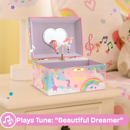 Jewelkeeper Cotton Candy Unicorn Design Musical Jewellery Storage Box with Spinning Unicorn, Over the Rainbow Tune for Girls