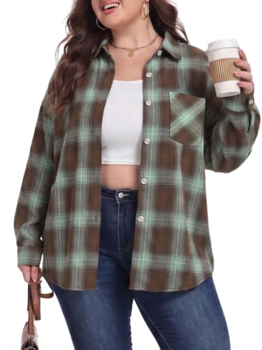 OLRIK Women Plus Size Flannel Plaid Button Down Shirt Brown