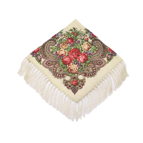 ANKOMINA Women Traditional Floral Print Tassel Scarf Hijabs Retro Boho Russian Style Square Fringe Headscarf Shawl Wraps