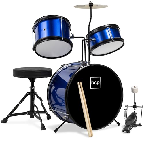 Best Choice Products 3-Piece Beginner Drum Set for Kids Juniors, w/Throne Stool, Cymbal, Drum Sticks, Bass Drum Pedal, 2 Toms - Blue/Black