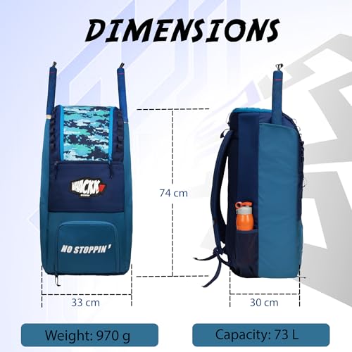 Image of WHACKK Hammond 73L Unisex Cricket Kit Bag|Adult Size|2 Bat|Shoe /Helmet Pocket|Main Compartment 20 inch Leg Pad|2 Bottle Holder|Easy Access Pocket|Player Edition Senior