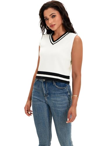 Womens Cropped Sweater Vest V Neck Sleeveless Loose Fit Tank Tops Striped Knit Lightweight Pullover Fall Sweaters3