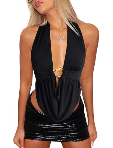 TZLDN Women's Sexy Halter Going Out Tops Backless Deep V Cowl Neck Y2k Summer Crop Tank Tops Festival Club Concert Outfits