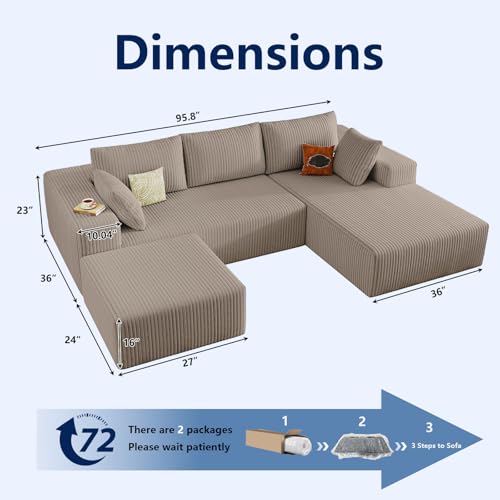 Image of 96 inch Modular Sectional Sofa with Ottoman, Modern Corduroy Cloud Couch with Deep Seat, Boneless Couch Upholstered 3-Seater U-Shaped Sofa for Living Room, No Assembly (Camel, Right-Facing Chaise)
