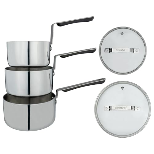 Commichef Juego de utensilios de cocina de 3 piezas, incluye cacerola para leche de 14 cm, cacerola con tapa de 16 cm y cacerola con tapa de 18 cm, diseño apilable, acero triple y aluminio