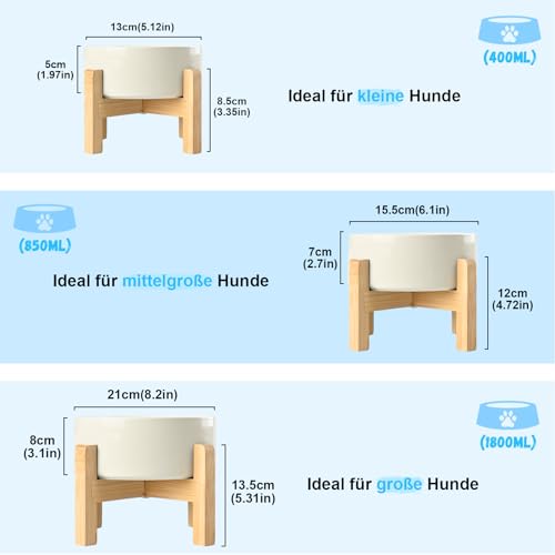 SPUNKYJUNKY Hundenapf Keramik Erhöhter Futternapf Set mit Bambus Ständer für Katzen und Hunde (400ml, Beige)