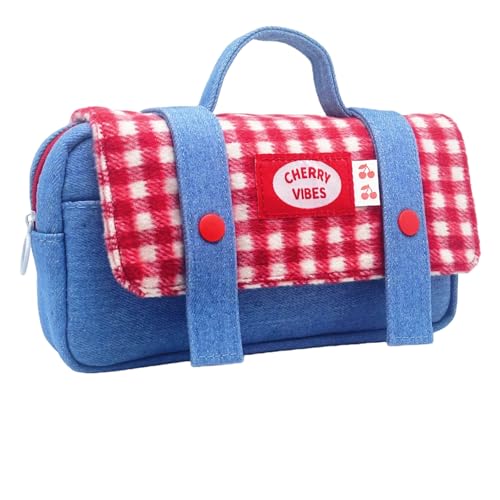 Haumei Cute Checkered Pencil Case, Red White Plaid with Denim Patchwork, Large Capacity Gingham Pattern Pen Bag with Handle, Big Stationery Organizer, Multi-Use Storage Pouch, 8.7x1.6x4.7 Inches, Blue