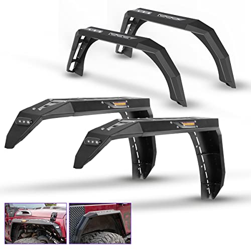 WOLFSTORM Front and Rear Fender Flares Fit For 2007-2018 Jeep Wrangler JK/JKU 2-Doors & 4-Doors Heavy Duty Steel Wheel Flares w/LED Sequential Turn Signal Lights 4 PCS (Front & Rear)